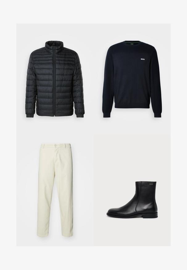 Schwarze gesteppte Pufferjacke mit Stehkragen, durchgehendem Reißverschluss und elastischen Manschetten an langen Ärmeln vor einem schlichten Hintergrund.; Dunkelblaues langärmeliges Crewneck-Sweatshirt mit gerippten Bündchen und Saum, ausgestattet mit einem kleinen weißen "BOSS"-Logo auf der linken Brust.; Hellbeige Baumwollhosen mit geradem Bein, ausgestattet mit einem vorderen Knopfverschluss und normalen Taschen, glatter Textur und ohne Muster.; Schwarzer Leder-Knöchelstiefel mit niedrigem Absatz, seitlicher Naht und kleinem "HUGO" Logo am oberen Schaft vor einfarbigem Hintergrund.