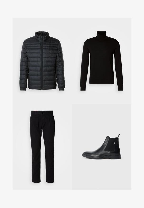 Schwarze gesteppte Pufferjacke mit Stehkragen, durchgehendem Reißverschluss und elastischen Manschetten an langen Ärmeln vor einem schlichten Hintergrund.; Schwarzer Rollkragenpullover aus feiner Strickware, mit langen Ärmeln und taillierter Silhouette. Glatte Textur mit gerippten Bündchen.; Schwarze Baumwoll-Chinos mit geradem Bein, ausgestattet mit flacher Vorderseite, Gürtelschlaufen und einem einzelnen Knopfverschluss. Glatte Textur ohne sichtbare Muster.; Schwarze Leder Chelsea-Boots mit elastischen seitlichen Einsätzen, einer Zugschlaufe und einer flachen Gummisohle. Glatte Textur mit minimaler Ausgestaltung.