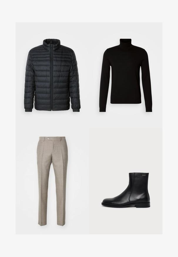 Schwarze gesteppte Pufferjacke mit Stehkragen, durchgehendem Reißverschluss und elastischen Manschetten an langen Ärmeln vor einem schlichten Hintergrund.; Schwarzer Rollkragenpullover aus feiner Strickware, mit langen Ärmeln und taillierter Silhouette. Glatte Textur mit gerippten Bündchen.; Beige maßgeschneiderte Hose mit strukturiertem Finish, ausgestattet mit einem Knopfverschluss und zwei Seitentaschen. Strukturierter Entwurf mit geradem Bein-Silhouette.; Schwarzer Leder-Knöchelstiefel mit niedrigem Absatz, seitlicher Naht und kleinem "HUGO" Logo am oberen Schaft vor einfarbigem Hintergrund.