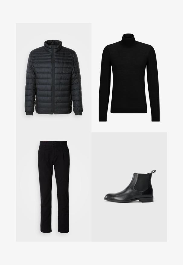 Schwarze gesteppte Pufferjacke mit Stehkragen, durchgehendem Reißverschluss und elastischen Manschetten an langen Ärmeln vor einem schlichten Hintergrund.; Schwarzer Rollkragenpullover aus weichem Material mit langen Ärmeln und enger Passform. Rippbesatz am Saum und an den Bündchen. Einfaches Design.; Schwarze Baumwoll-Chinos mit geradem Bein, ausgestattet mit flacher Vorderseite, Gürtelschlaufen und einem einzelnen Knopfverschluss. Glatte Textur ohne sichtbare Muster.; Schwarze Leder-Stiefelette mit elastischen Seiteneinsätzen, abgerundeter Zehenpartie und einem Zugschlauf. Glatte Textur, flache Sohle, minimalistisches Design.