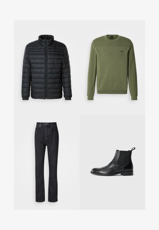 Schwarze gesteppte Pufferjacke mit Stehkragen, durchgehendem Reißverschluss und elastischen Manschetten an langen Ärmeln vor einem schlichten Hintergrund.; Olivgrüner Pullover mit Rundhalsausschnitt, strukturiertem Strickmuster, gerippten Bündchen und Saum. Mit einem dezenten Logo auf der Brust.; Hochtaillierte schwarze Jeans aus Denim mit Knopf- und Reißverschluss, Vorder- und Hintertaschen sowie einer geraden Passform.; Schwarze Leder-Stiefelette mit elastischen Seiteneinsätzen, abgerundeter Zehenpartie und einem Zugschlauf. Glatte Textur, flache Sohle, minimalistisches Design.