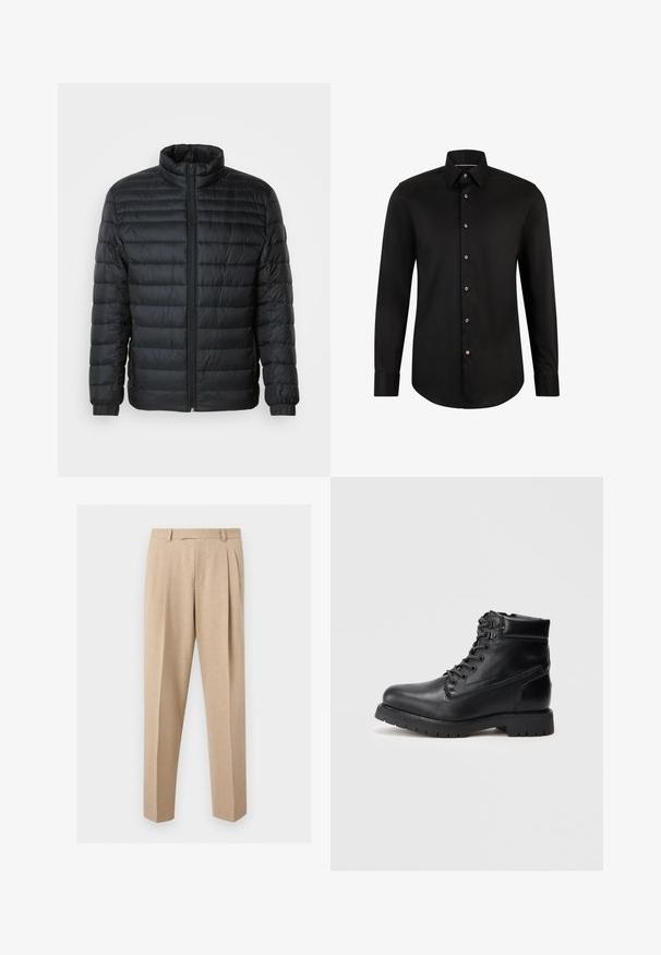 Musternahk puffer jakk mustas, kõrgendatud krae, täispikk tõmblukk ja elastsed mansetid pikkadel varrukatel, lihtsa tausta taustal.; Must must shirt pikka pikka, pikad varrukad, nööbid all ja ees. Sile kangastekstuuri, kaarekujuline äär ja kontrastsed nööpide detailid.; Beežid kohandatud püksid esipleenidega, vöö aasadega ja sirgete säärtega, esitatud ühevärvilise heleda taustaga.; Mustmustest musta saapad ümmarguste varvastega, tekstuurse ülemise osa, ümmarguste paelte ja paksu kummitald. Omab metallist puure ja pehmendatud krae.