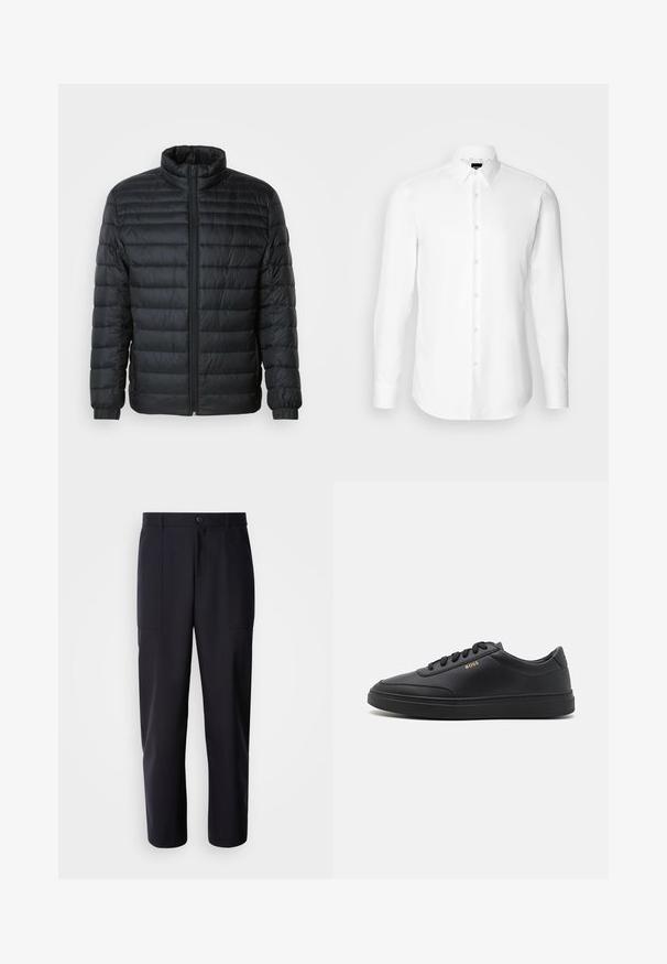 Schwarze gesteppte Pufferjacke mit Stehkragen, durchgehendem Reißverschluss und elastischen Manschetten an langen Ärmeln vor einem schlichten Hintergrund.; Weißes Langarmhemd, vorne mit Knöpfen, klassischer Kragen, aus glattem Stoff mit feiner Textur, für eine figurnahe Passform entworfen.; Dunkelblaue Hosen aus glattem Stoff, mit geradem Bein-Design, zwei Seiten Taschen und einem Knopfverschluss an der Taille.; Schwarze Leder-Sneaker mit glatter Textur, runder Zehenpartie, flacher Gummisohle und einfarbigen Schnürsenkeln. Mit goldfarbenem "BOSS" Logo an der Seite.