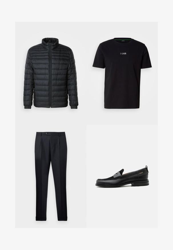 Schwarze gesteppte Pufferjacke mit Stehkragen, durchgehendem Reißverschluss und elastischen Manschetten an langen Ärmeln vor einem schlichten Hintergrund.; Schwarzes Baumwoll-T-Shirt mit kurzen Ärmeln, auf der Brust befindet sich ein kleines weißes, gesticktes "BOSS"-Logo. Einfacher Rundhalsausschnitt.; Schwarze Herrenformelhose mit vorderen Biesen, Gürtelschlaufen, Knopfverschluss und geschlossenen Säumen vor einem weißen Hintergrund.; Schwarzer Lederloafer mit grauem Riemendetail, niedrigem Absatz und strukturierter Sohle, seitlich mit „HUGO“ in Gold gebrandmarkt.