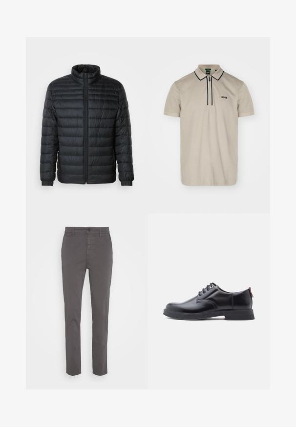 Schwarze gesteppte Pufferjacke mit Stehkragen, durchgehendem Reißverschluss und elastischen Manschetten an langen Ärmeln vor einem schlichten Hintergrund.; Helles beiges Poloshirt aus Baumwolle, mit einem Reißverschlusskragen und kontrastierenden dunklen Besätzen, sowie einem dezenten "BOSS"-Logo auf der linken Brust.; Grau Chinos mit schlanker Passform, hergestellt aus atmungsaktiver Baumwolle. Verfügt über einen Knopfverschluss und Seitentaschen, mit einer glatten, matten Oberflächenbeschaffenheit.; Schwarze Leder-Schnürschuhe mit glatter Textur, rundem Zehenbereich und dezenten Ziernähten. Mit einem roten Laschenband an der Ferse.