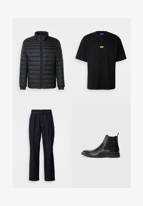 Schwarze gesteppte Pufferjacke mit Stehkragen, durchgehendem Reißverschluss und elastischen Manschetten an langen Ärmeln vor einem schlichten Hintergrund.; Schwarzes Baumwoll-T-Shirt mit Rundhalsausschnitt, kurzen Ärmeln und einem weißen rechteckigen "HUGO"-Logo auf der Brust. Glatte Textur, lockere Passform.; Dunkelblaue weit geschnittene Jeans mit vorderen Falten und orangen Nähten, auf weißem Hintergrund gezeigt.; Schwarze Leder Chelsea-Boots mit elastischen seitlichen Einsätzen, einer Zugschlaufe und einer flachen Gummisohle. Glatte Textur mit minimaler Ausgestaltung.