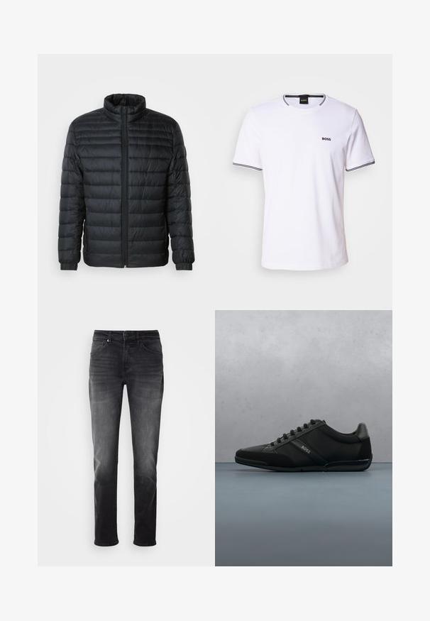 Schwarze gesteppte Pufferjacke mit Stehkragen, durchgehendem Reißverschluss und elastischen Manschetten an langen Ärmeln vor einem schlichten Hintergrund.; Weißes Baumwoll-T-Shirt mit kurzen Ärmeln, das über einen runden Halsausschnitt und schwarze Streifen am Kragen und den Ärmelabschlüssen verfügt. Kleines "BOSS"-Logo auf der Brust.; Schwarze Jeans aus Denim mit geradem Bein. Verfügt über einen Knopf- und Reißverschluss, fünf Taschen und dezente Ausbleichungen im Stoff.; Schwarzer Sportschuh mit einer Mischung aus glatten und strukturierten Materialien, runder Zehenform, Schnürdesign und dezentem Branding an der Seite.