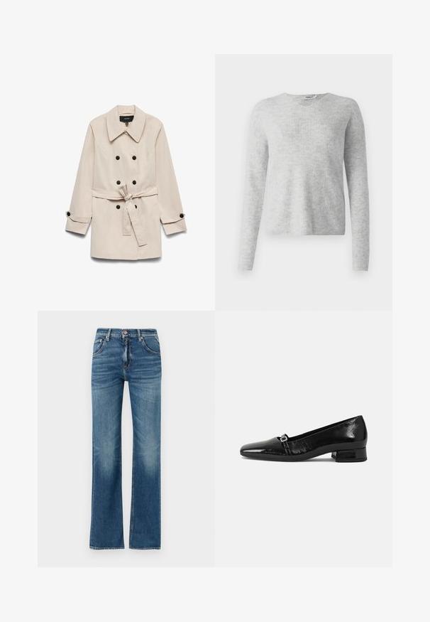 Beige dobbeltradet trenchcoat med sorte knapper, et bundet taljebælte, bred krave og knaplukninger ved ærmerne.; Grå strikket sweater med ribbet tekstur, lange ærmer og V-halsdesign. Enkel og minimalistisk fremtoning.; Lyseblå denim jeans med høj talje, udsvingede ben og subtile slidte områder, som har fem lommer og en knaplukning.; Sorte patentlæder balletflade med spids tå, lav firkantet hæl og en lille metallisk spænde detalje på remmen. Glat tekstur.