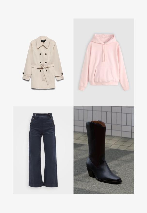 Imperméable beige croisé à double boutonnage avec des boutons noirs, une ceinture nouée à la taille, un large col et des poignets boutonnés.; Hoodie rose clair avec une grande poche avant, capuche à cordons et poignets côtelés. Fabriqué en tissu doux et confortable avec un branding minimal.; Pantalon taille haute bleu marine à jambes larges, avec des boutons argentés sur les côtés et un tissu lisse et texturé.; Botte de cowboy noire en cuir haut avec un bout pointu et un talon bloc incliné, posée sur une surface carrelée et en asphalte.