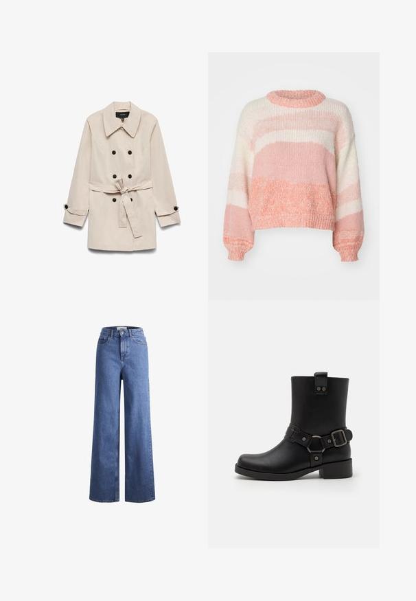 Imperméable beige croisé à double boutonnage avec des boutons noirs, une ceinture nouée à la taille, un large col et des poignets boutonnés.; ONLY ONLJENNY LIFE ONECK - Pullover - terra cotta; Jean large en denim bleu clair avec taille haute, deux poches avant et coutures visibles. Fermeture à bouton et à zip.; Bottine en cuir noir avec un bout carré, un talon arrondi, une sangle décorative avec une boucle, et des accents métalliques. Texture lisse.