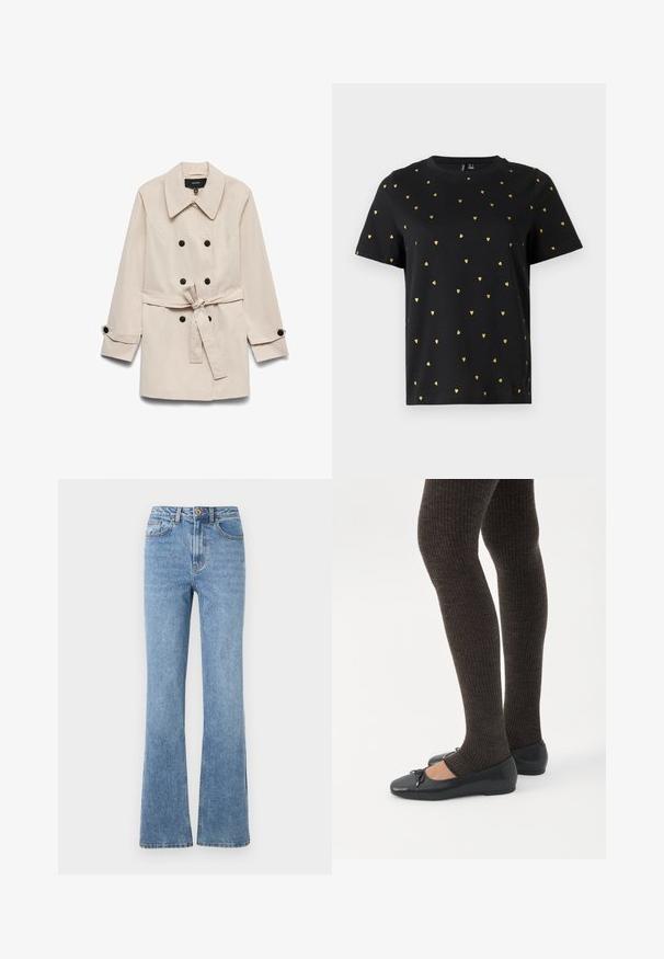 Gabardina beige de doble botonadura con botones negros, cinturón atado a la cintura, cuello ancho y puños con botones.; Camiseta negra de manga corta hecha de algodón, con pequeños patrones de corazones dorados distribuidos uniformemente por toda la tela. Cuello redondo.; Jeans de denim azul claro con un diseño de pierna acampanada, cintura alta y hardware mínimo. Presenta un estilo clásico de cinco bolsillos y costuras sutiles.; Piernas con leggings oscuros acanalados combinados con bailarinas negras que presentan pequeños detalles de lazo sobre un fondo blanco.