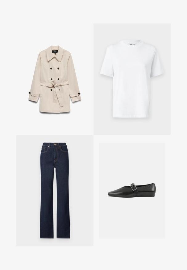 Beige dobbeltradet trenchcoat med sorte knapper, et bundet taljebælte, bred krave og knaplukninger ved ærmerne.; Hvid bomulds T-shirt med rund hals, kortærmet og en glat tekstur. Designet med en afslappet pasform for komfort og alsidighed.; Mørkeblå denim jeans med lige ben, featuring en frontlukning med knap, fem lommer og kontrasterende syninger.; Sorte læder flade sko med spidse tæer, prydet med en metallisk spænde over vristen og en lav, fleksibel sål.
