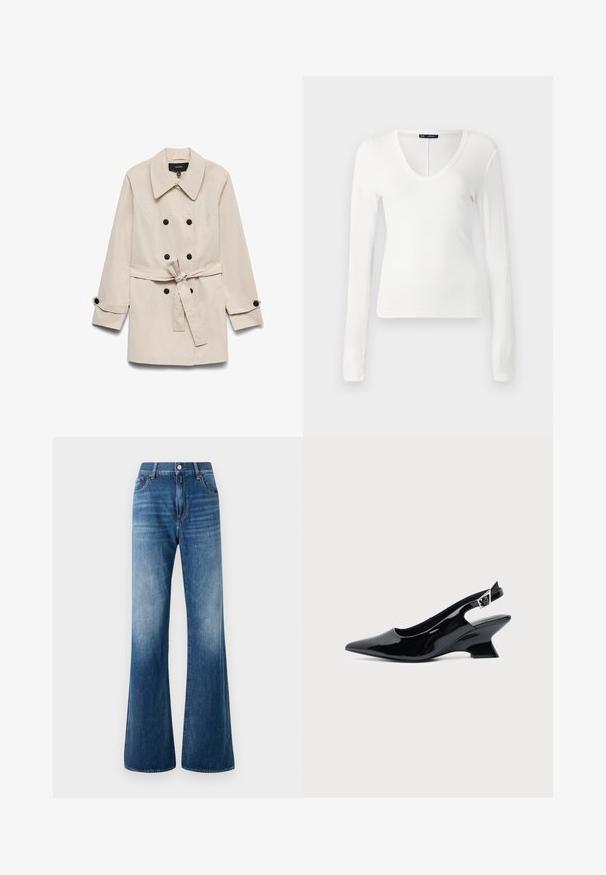 Beige dobbeltradet trenchcoat med sorte knapper, et bundet taljebælte, bred krave og knaplukninger ved ærmerne.; Hvid langærmet top lavet af ribbet stof, med en dyb V-hals og tætsiddende design, uden synlige kanter og med en glat tekstur.; Udfoldede blå denim jeans med en falmet vask, fem-lomme design, bæltestropper og frontlukning med knap. Glat tekstur og klassisk snit.; Sort laklæder slingback sko med spids tå og lav vinklet blokhæl på ensartet lys baggrund.