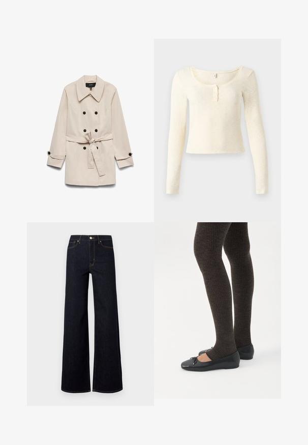 Beige dobbeltradet trenchcoat med sorte knapper, et bundet taljebælte, bred krave og knaplukninger ved ærmerne.; Langærmet, ribstrikket top i lysecreme; har en rund halsudskæring og en knapstolpe med tre knapper. Blød tekstur og tæt pasform.; Mørkeblå brede jeans lavet af denim, med høj talje, kontraststing og en enkelt metalknap foran.; Ben iført mørke ribbede leggings kombineret med sorte balletsko med små sløjfedetaljer på hvid baggrund.