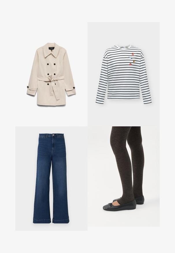 Beige dobbeltradet trenchcoat med sorte knapper, et bundet taljebælte, bred krave og knaplukninger ved ærmerne.; Hvid langærmet skjorte med sorte vandrette striber og små farverige broderede patches, herunder et kirsebær, en fisk, en solsikke og en jordbær på brystet.; Bredde ben blå denim jeans med høj talje, med en frontknaplukning, fem lommer og diskrete syninger.; Ben iført mørke ribbede leggings kombineret med sorte balletsko med små sløjfedetaljer på hvid baggrund.