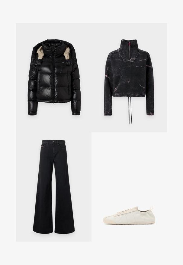Veste en duvet noire avec une finition brillante, col montant et doublure beige. Comprend une fermeture éclair, deux poches avant et des poignets ajustables.; Pull court noir avec un col montant, une fermeture à moitié éclair, un tissu texturé et un motif éclaboussé rose sur le devant et les manches.; Jean noir à jambes larges en denim, avec une taille haute, une fermeture à boutons, des poches avant et des détails de couture minimalistes.; Baskets en cuir crème avec un bout rond, design à lacets, accents texturés et semelle en caoutchouc texturé avec un motif de traction en zigzag.