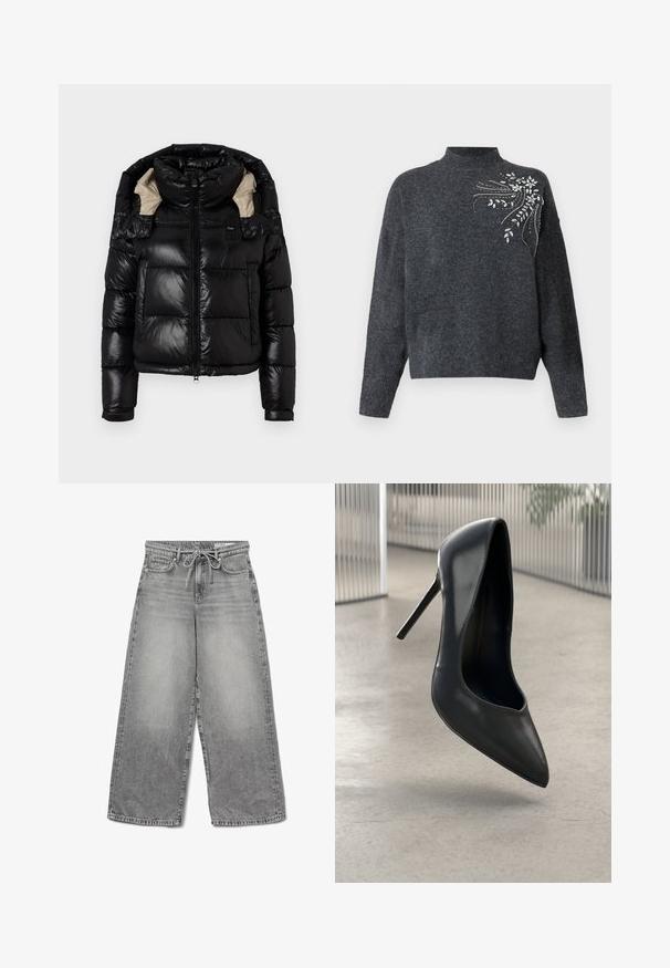Veste en duvet noire avec une finition brillante, col montant et doublure beige. Comprend une fermeture éclair, deux poches avant et des poignets ajustables.; Pull gris foncé avec un col haut et des manches longues. Présente des embellissements décoratifs de cristaux en motif floral sur un côté.; Jean en denim gris à jambes larges avec une finition délavée, taille à cordon de serrage et design classique à cinq poches, présentant des détails de couture visibles.; Escarpin noir en cuir verni à talons hauts avec bout pointu, au design élégant et sans hardware visible. Texture lisse et style minimaliste.