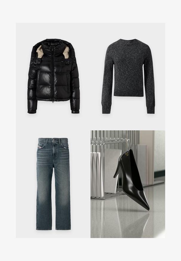 Veste en duvet noire avec une finition brillante, col montant et doublure beige. Comprend une fermeture éclair, deux poches avant et des poignets ajustables.; Pull en tricot marbré gris foncé avec manches longues, poignets côtelés, ourlet et col rond, présenté sur fond blanc.; Jeans droits bleu foncé avec une texture délavée, design à cinq poches et un petit logo sur la poche avant.; Chaussure noire à talon haut avec bout pointu et logo doré, posée sur une surface réfléchissante près d'un organiseur de dossiers en fil chromé contenant des documents.