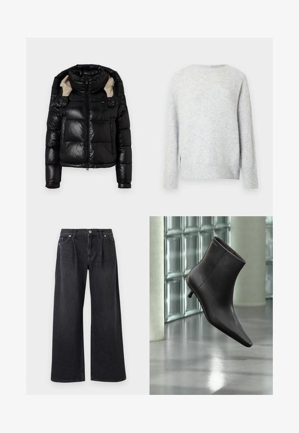 Veste en duvet noire avec une finition brillante, col montant et doublure beige. Comprend une fermeture éclair, deux poches avant et des poignets ajustables.; Pull bleu clair texturé avec un col rond, des manches longues et une taille côtelée. Présente une apparence douce et légèrement duveteuse.; Jean noir à jambe large en denim, avec une fermeture à bouton sur le devant, deux poches avant et une finition épurée sans embellissements.; Bottine en cuir noir avec bout pointu et petit talon, présentée devant un mur en blocs de verre et un sol poli.