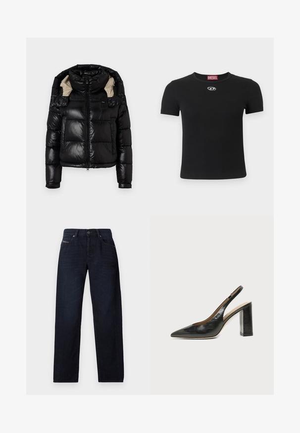 Veste en duvet noire avec une finition brillante, col montant et doublure beige. Comprend une fermeture éclair, deux poches avant et des poignets ajustables.; T-shirt noir côtelé à manches courtes, avec un col rond et un petit logo argenté au centre devant.; Jean droit bleu foncé avec poches avant, passants de ceinture et fermeture à bouton, posé à plat sur un fond blanc.; Chaussure slingback en cuir noir à bout pointu avec un talon bloc haut et une doublure intérieure beige sur un fond clair uni.