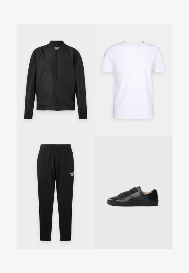 Blouson bomber noir avec fermeture éclair frontale, col et poignets côtelés, deux poches avant à pression et une poche zippée sur la manche gauche.; T-shirt blanc à manches courtes en tissu de coton avec un col rond. Design simple sans motifs ni accents. Texture lisse.; Pantalons de jogging noirs en tissu doux, avec une taille élastique, des poches latérales et des ourlets resserrés. Texte logo blanc sur un côté.; Baskets en cuir noir avec une texture lisse, bout rond et fermeture à lacets. Comprend une semelle en caoutchouc épaisse et un minimum de détails de marque.