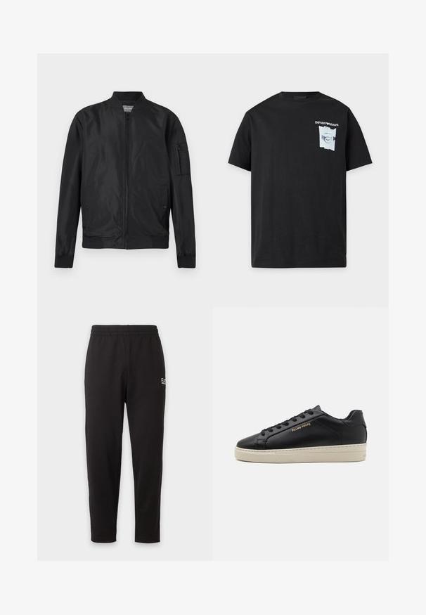 Blouson bomber noir avec fermeture éclair frontale, col et poignets côtelés, deux poches avant à pression et une poche zippée sur la manche gauche.; T-shirt noir à manches courtes avec petit logo blanc Emporio Armani et motif sur la partie supérieure gauche de la poitrine.; Pantalon de survêtement noir à taille élastique, jambes fuselées, avec un petit logo blanc sur la partie supérieure de la cuisse gauche.; Sneaker en cuir noir avec une finition lisse, semelle crème contrastante, bout arrondi, logo doré sur le côté et six œillets pour les lacets.
