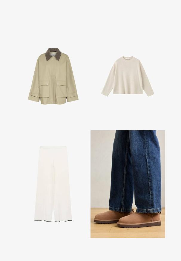 Beige takki ruskealla corduroy-pellavakauluksella, kaksi etutaskua ja nepparikoristeet. Ominaisuuksia ovat suora leikkaus ja pitkät hihat.; Beigenvärinen pitkähihainen neulepaita, jossa on pyöreä pääntie ja rento, hieman ylikokoinen istuvuus.; Kermanlahuiset housut kreemivärvi kangast hella tekstuuriga. Omavad puhta vöökoha ja musta äärist hemme, et luua kontrasti.; Ruskeanan mokkanahkasaappaat, joissa on tasapohja, pyöreä kärki ja pieni vetonauha, yhdistettyinä sinisiin denim-farkkuihin, joissa on suoralinjainen leikkaus.