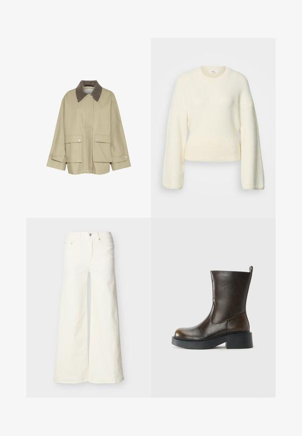 Beige Jacke mit einem braunen Cordkragen, zwei Vorderaschen und Druckknopf-Akzenten. Sie hat einen geraden Schnitt und lange Ärmel.; Cremefarbener, langärmeliger Strickpullover mit geripptem Bund und rundem Ausschnitt, dargestellt vor weißem Hintergrund.; Weiße Jeans mit weitem Bein aus Denim, fünf Taschen und Knopfverschluss, flach auf einem hellen Hintergrund präsentiert.; Dunkelbrauner Lederstiefel bis zur Mitte des Waden mit runder Spitze, dickem schwarzen Sohlen, niedrigem Blockabsatz und einer Zuglasche auf der Rückseite.