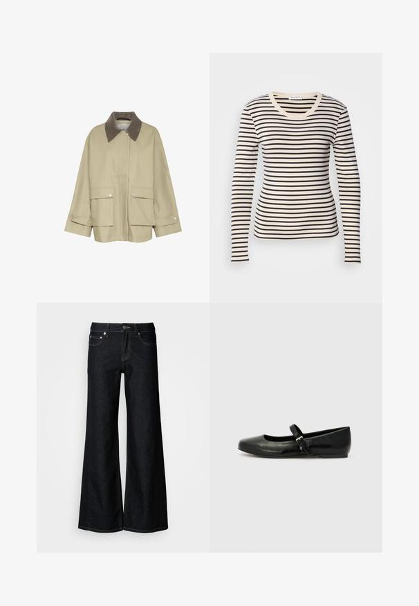 Beige jas met een bruinCorduroy kraag, twee voorzakken en drukknoopaccenten. Heeft een rechte snit en lange mouwen.; Lange mouwen gestreepte t-shirt met horizontale zwarte en crème strepen, een ronde halslijn en een slim fit. Zacht katoenen materiaal.; Donkere denim jeans met wijde pijpen, een hoge taille, een ontwerp met vijf zakken en contrasterende gele stiksels langs de naden.; Zwarte leren balletschoenen met een ronde neus, een platte zool en een dunne verstelbare band over de wreef met een metalen gesp.