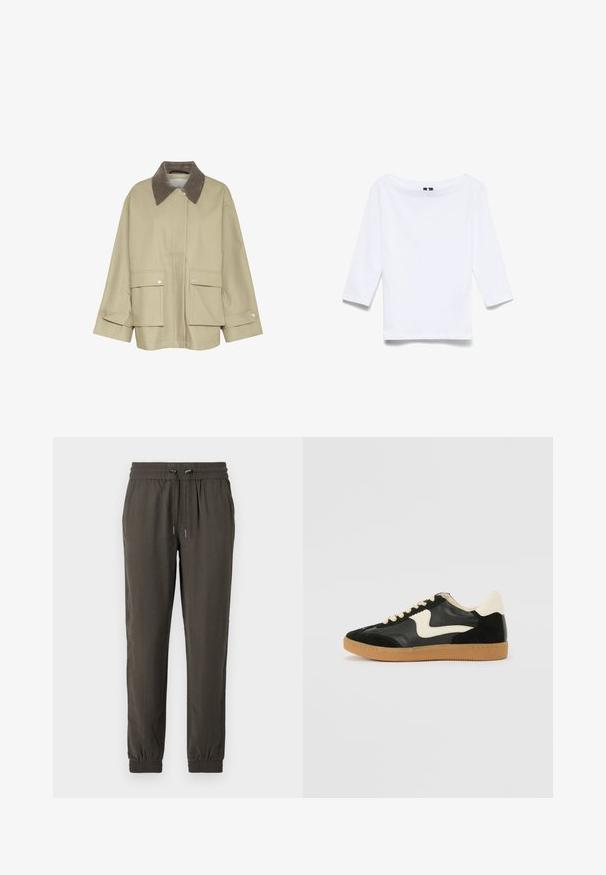 Beige Jacke mit einem braunen Cordkragen, zwei Vorderaschen und Druckknopf-Akzenten. Sie hat einen geraden Schnitt und lange Ärmel.; Weißes Hemd mit drei Viertelärmeln aus einem Baumwollmischgewebe; verfügt über einen weiten Bootsausschnitt und eine glatte, leichte Textur.; Dunkelgrüne Jogginghosen aus leichtem Material, mit einem elastischen Bund und Kordelzug sowie elastischen Bündchen an den Knöcheln.; Schwarze Wildleder- und Leder-Sneaker mit einem cremefarbenen Seiten-Swoosh und einer hellcremefarbenen Ferse. Ausgestattet mit beige Schnürsenkeln und einer Gummilaufsohle.