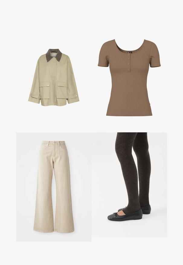 Beige jas met een bruinCorduroy kraag, twee voorzakken en drukknoopaccenten. Heeft een rechte snit en lange mouwen.; Bruin geribd topje met korte mouwen, ronde hals en vier kleine ronde zilveren knopen op de voorkant.; Beige wijde jeans van denim, met een hoge taille, voorzakken en een eenvoudig ontwerp zonder patronen of accenten.; Benen met donkere geribbelde leggings gecombineerd met zwarte ballerina's met kleine strikdetails op een witte achtergrond.