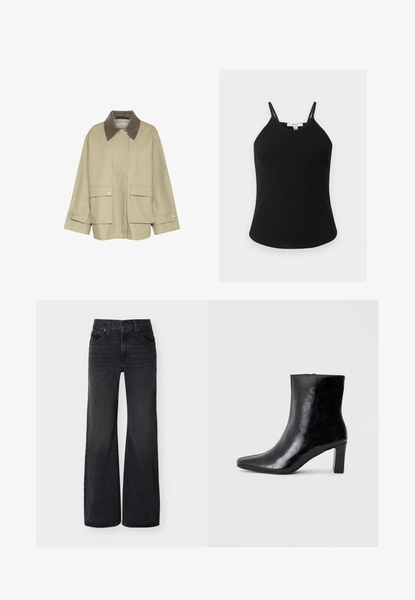 Beige jas met een bruinCorduroy kraag, twee voorzakken en drukknoopaccenten. Heeft een rechte snit en lange mouwen.; Zwart geribd mouwloos tanktop met dunne dubbele schouderbandjes en een ronde hals, gelabeld Topshop.; Zwarte wijde pijpen jeans met hoge taille, voorste knoopsluiting, ritssluiting, riemlussen en vijfzakkenontwerp op een effen achtergrond.; Zwarte enkellaars gemaakt van glanzend leer, met een puntige neus en een gemiddelde blokhak, voorzien van een gladde textuur en een eenvoudig ontwerp.