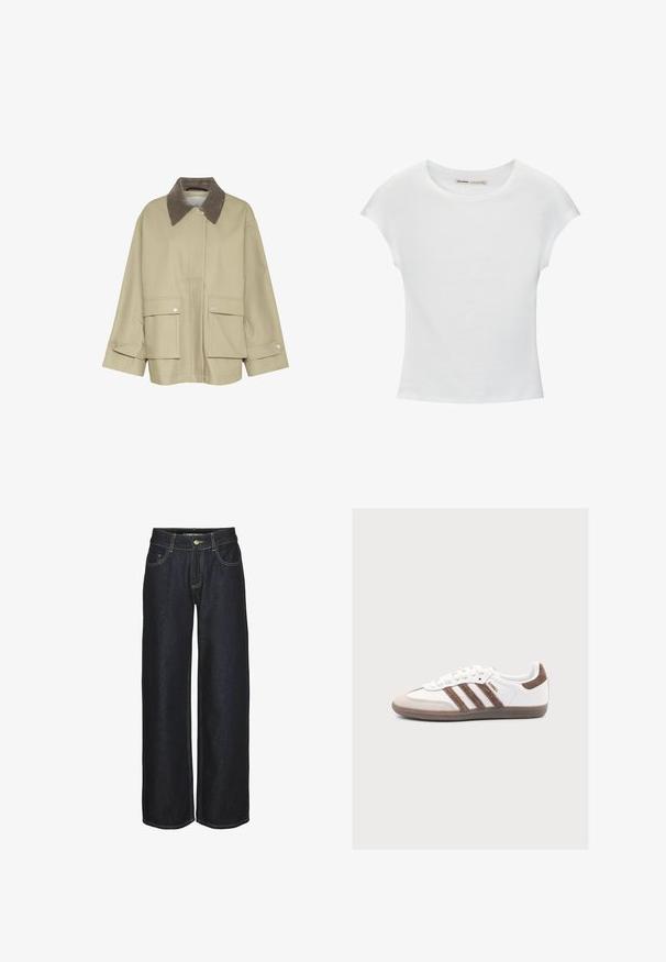 Beige jas met een bruinCorduroy kraag, twee voorzakken en drukknoopaccenten. Heeft een rechte snit en lange mouwen.; Witte katoenen T-shirt met korte, opgerolde mouwen, een ronde halslijn en een rechte zoom. Gladde textuur zonder zichtbare patronen of accenten.; Donkerblauwe rechte jeans met voorzakken, riemlussen en gele contrasterende stiksels, weergegeven op een witte achtergrond.; Witte Adidas Samba sneaker met bruine suède strepen, bruine suède neus en gumzool op een lichtgrijze achtergrond.