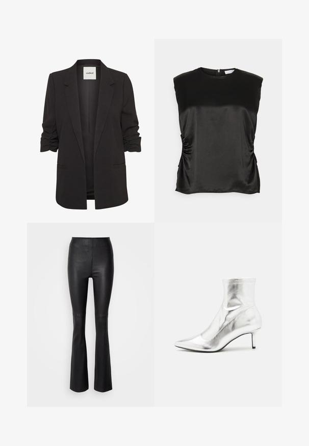 Sort åben-front blazer med rynkede trekvartærmer, notch revers og to forlommer med paspoler, mærket "soaked" indeni kraven.; Sort ærmeløs top i satinmateriale med rund halsudskæring og sammenrullede sider for en tekstureret detalje. Ryggezipperlukning synlig.; Sorte flagrende bukser lavet af glat, kunstlæder med høj talje og syninger over knæet.; Sølvmetallic ankelstøvle med spids tå og slank hæl. Har en tætsiddende pasform og en glat, skinnende overflade. Sømaccenter på toppen.