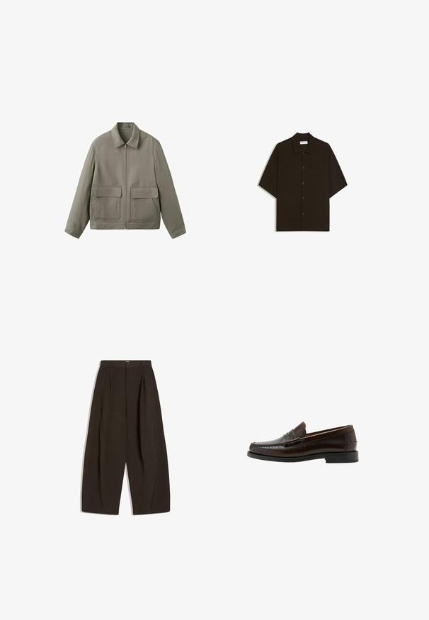 Veste zippée marron clair avec col pointu et deux grandes poches à rabat sur le devant, sur fond blanc.; Chemise à manches courtes marron foncé avec boutons, col et poche poitrine, posée à plat sur un fond blanc.; Pantalon en tissu marron foncé, présentant une coupe ample, un devant plissé, des jambes larges et une fermeture à bouton à la taille.; Mocassin penny en cuir marron foncé avec bout moc cousu, talon bas et finition lisse, présenté de profil sur fond blanc.
