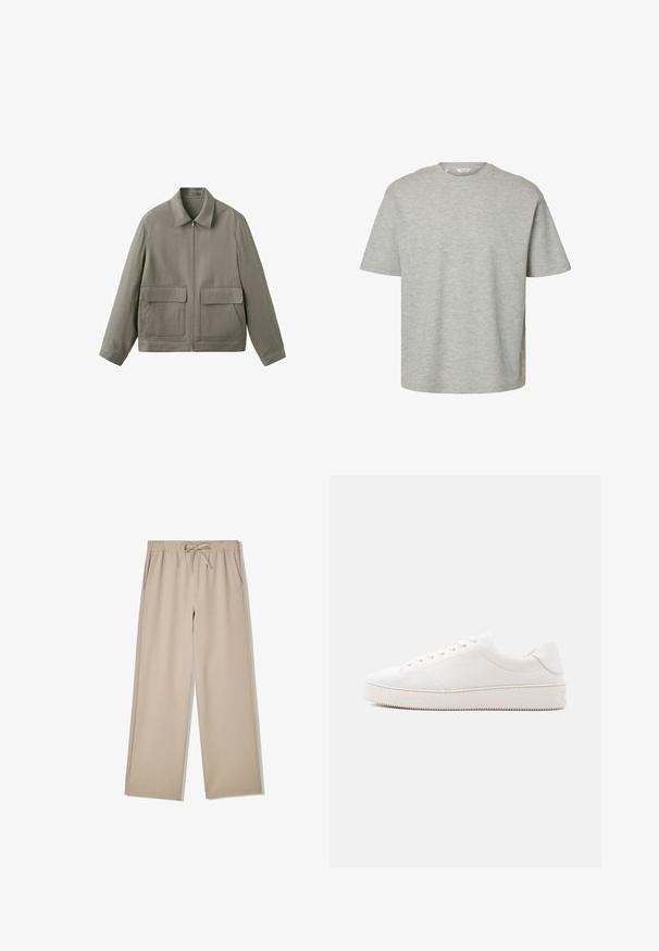 Veste zippée marron clair avec col pointu et deux grandes poches à rabat sur le devant, sur fond blanc.; T-shirt gris clair à manches courtes, col rond, coupe ample et tissu en coton doux.; Pantalon beige à jambes larges avec taille élastique et cordon de serrage, doté de poches latérales, posé à plat sur fond blanc.; Baskets en cuir blanc à finition lisse, bout rond, laçage à six œillets et semelle en caoutchouc texturée. Design minimaliste sans motifs.