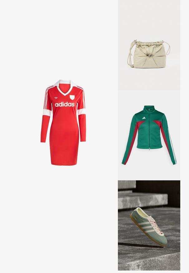 adidas Sportswear TIRO - Tréningová bunda - dark green/collegiate burgundy/white; Červené šaty s dlhým rukávom a bielym golierom, logo Adidas a biele pruhy na pleciach. Vyrobené z hladkého materiálu s priliehajúcim strihom.; Zeleno-biele tenisky Adidas Gazelle s ružovými šnúrkami, ktoré sa vznášajú nad betónovými schodmi v prirodzenom svetle.; Mäkká béžová kožená kabelka cez rameno s naberaným horným okrajom, strieborným zapínaním na zámok a tenkým nastaviteľným ramenným popruhom na bielom pozadí.
