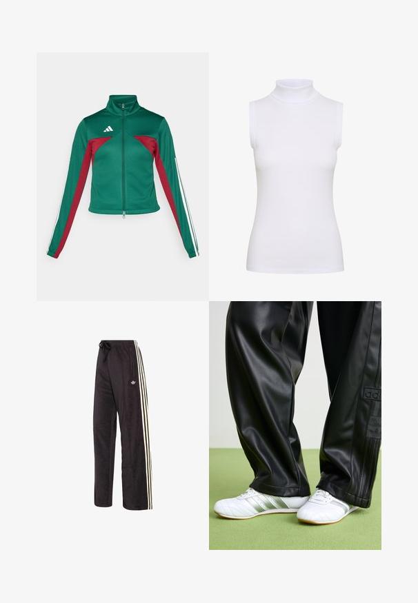 adidas Sportswear TIRO - Tréningová bunda - dark green/collegiate burgundy/white; Biely bezsleeve turtleneck top vyrobený z rebrovanej tkaniny, s priliehavým strihom a hladkou textúrou, s vysokým golierom a bez viditeľných kovových častí.; Čierne športové nohavice vyrobené z mäkkého materiálu, so žltými a bielymi vertikálnymi pruhmi po stranách a sťahovacím pásom.; Čierne nohavice z umelej kože s voľným strihom, s hladkým povrchom a bočnými pruhmi. V páre s bielymi teniskami so striebornými detailmi.
