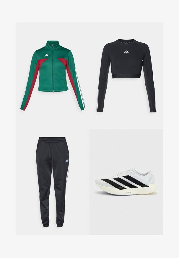 adidas Sportswear TIRO - Trainingsvest - dark green/collegiate burgundy/white; Zwart geknipt langemouwen workout top van gladde stof. Bevat een wit logo op de borst en gestreepte accenten op de mouwen.; Zwarte sportieve broek met een elastische tailleband, taps toelopende benen en witte zijkanten. Voorzien van een klein grijs trefoil-logo op de linker bovenbeen.; Witte hardloopschoen met zwart drie-strepen ontwerp aan de zijkant en dikke witte zool met label "Lightstrike Pro" op een effen achtergrond.