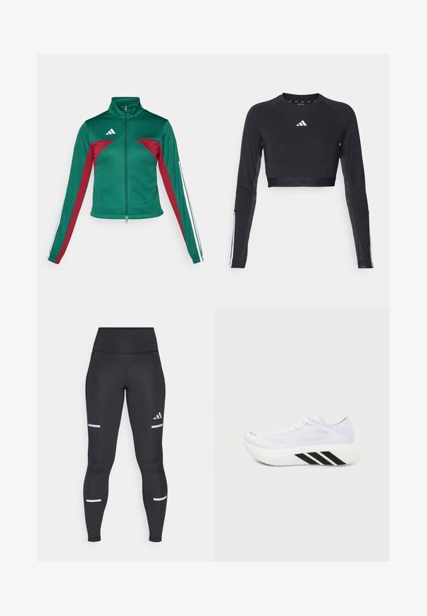 adidas Sportswear TIRO - Tréningová bunda - dark green/collegiate burgundy/white; Čierny krátky športový top s dlhým rukávom vyrobený z hladkej textílie. Obsahuje biele logo na hrudi a pruhované detaily na rukávoch.; Čierne legíny s vysokým pásom, vyrobené z hladkého materiálu. Obsahujú biele reflexné pruhy v oblasti kolien a logo Adidas.; Biela športová topánka s hrubou podrážkou, čierne diagonálne pruhy na strednej podrážke, sieťovinový zvršok a šnúrky, zobrazená zboku na obyčajnom pozadí.