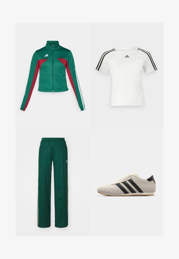 adidas Sportswear TIRO - Tréningová bunda - dark green/collegiate burgundy/white; Bielo krátky rukáv športové tričko s čiernym trojpruhovým dizajnom na pleciach, hladká textúra a malé čierne logo adidas na hrudníku.; Tmavohnedé športové nohavice s voľným strihom, s nastaviteľným pásom na šnúrku, postrannými vreckami a smotanovými pruhmi po stranách.; Svetlošedé tenisky s čiernymi pruhmi, okrúhla špička, hladký kožený zvršok, uzatváranie na suchý zips a gumová podrážka.