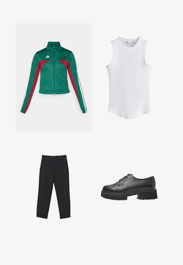 adidas Sportswear TIRO - Veste de survêtement - dark green/collegiate burgundy/white; Haut sans manches en maille côtelée blanche avec un col rond haut et un ourlet arrondi, étiquette de la marque "NEXT" à l'intérieur du col.; Pantalon noir à coupe droite, doté de pinces à l'avant et de poches latérales, confectionné dans un tissu lisse avec une finition tailleur.; Chaussures en cuir noir à lacets avec un bout rond, semelle en caoutchouc épaisse et texturée, et un subtil détail de couture le long du bord supérieur.