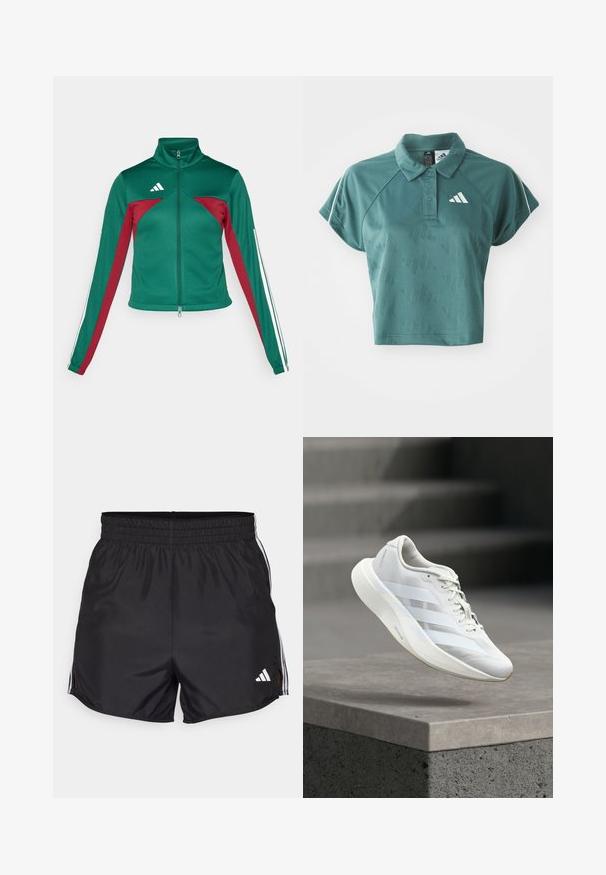 adidas Sportswear TIRO - Træningsjakke - dark green/collegiate burgundy/white; Grøn cropped polo skjorte med et tekstureret mønster, korte ærmer og et hvidt logo på venstre bryst. Knappet krave med kontrastkant.; Sort atletiske shorts med elastisk talje, sideslids og hvide tre-stribes detaljer. Har et lille hvidt logo nederst til højre.; Hvid atletiksko med en struktureret overlæder, tre laterale striber, polstret sål og rundet tå, placeret over en betongulv.
