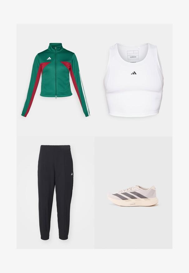 adidas Sportswear TIRO - Træningsjakke - dark green/collegiate burgundy/white; Hvid atletisk crop top lavet af letvægts, åndbart stof. Har mesh-sider og sort broderet logo på brystet.; Sorte træningsbukser lavet af et glat stof. Taperet design med elastiske manchetter. Har et lille hvidt logo på venstre hofte.; Letvægts atletiksneakers i lyserød og grå, med en mesh-overdel, tre mørke striber og en tyk cremefarvet sål mærket "LIGHTSTRIKE PRO."