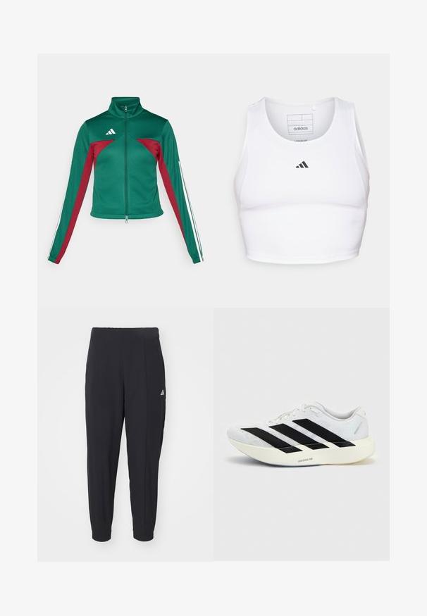 adidas Sportswear TIRO - Veste de survêtement - dark green/collegiate burgundy/white; Crop top de sport blanc en tissu léger et respirant. Présente des panneaux latéraux en mesh et un logo noir brodé sur la poitrine.; Pantalons de sport noirs en tissu lisse. Design ajusté avec des poignets élastiques. Présente un petit logo blanc sur la hanche gauche.; Chaussure de running blanche avec motif trois bandes noires sur le côté et semelle blanche épaisse étiquetée "Lightstrike Pro" sur fond uni.