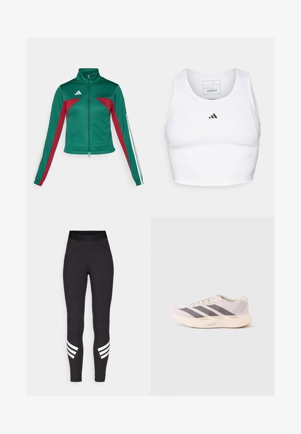 adidas Sportswear TIRO - Tréningová bunda - dark green/collegiate burgundy/white; Biely športový crop top vyrobený z ľahkej, priedušnej tkaniny. Obsahuje sieťované bočné panely a čierne vyšitý logo na hrudi.; Čierne legíny vyrobené z elastického materiálu, s širokým pásom a tromi bielymi horizontálnymi pruhmi blízko dolnej časti nôh.; Ľahké športové tenisky v bledoružovej a šedej farbe, s priedušným sieťovaným zvrškom, troma tmavými pásmi a hrubou krémovou podrážkou označenou "LIGHTSTRIKE PRO".