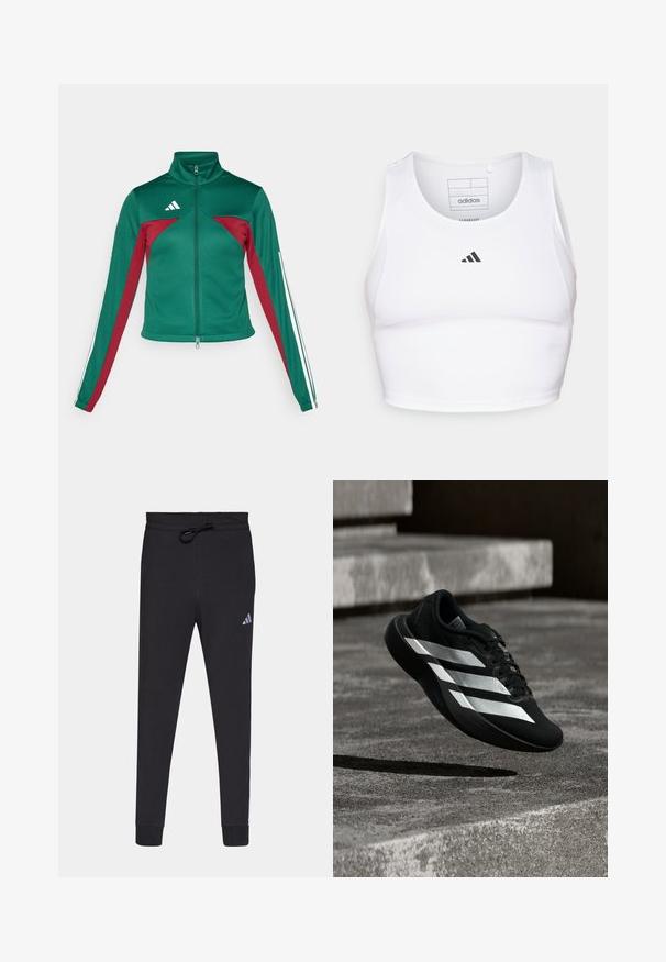 adidas Sportswear TIRO - Chaqueta de entrenamiento - dark green/collegiate burgundy/white; Top corto atlético blanco hecho de una tela ligera y transpirable. Presenta paneles laterales de malla y un logo bordado negro en el pecho.; Pantalones deportivos negros hechos de una tela suave, con cintura elástica y cordón, piernas ajustadas y un pequeño logo blanco de Adidas en el muslo izquierdo.; Zapatilla de correr negra con tres rayas blancas suspendida en el aire sobre escalones de concreto, proyectando una sombra debajo.