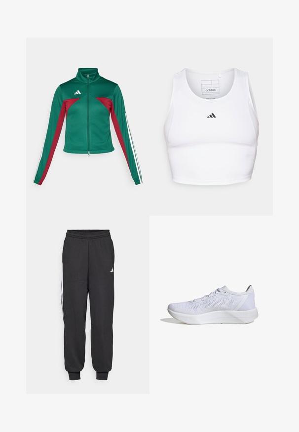 adidas Sportswear TIRO - Trainingsvest - dark green/collegiate burgundy/white; Witte sportieve crop top gemaakt van lichte, ademende stof. Beschikt over mesh zijkanten en een zwart geborduurd logo op de borst.; Zwarte sportbroeken met een elastische tailleband, taps toelopende enkels en witte zijkanten. Gemaakt van zachte stof met een gladde textuur.; Witte sportieve schoen met een ademend mesh bovenwerk, vetersluiting, gevoerde kraag en een gestructureerde rubberen zool voor grip.