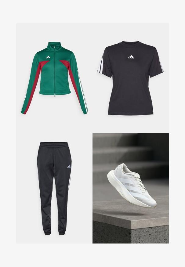adidas Sportswear TIRO - Μπουφάν προπόνησης - dark green/collegiate burgundy/white; Μαύρο αθλητικό μπλουζάκι φτιαγμένο από μαλακό ύφασμα, με στρογγυλή λαιμόκοψη, κοντά μανίκια και τρεις λευκές ρίγες σε κάθε ώμο. Λευκό λογότυπο στο στήθος.; Μαύρο αθλητικό παντελόνι με ελαστική μέση, κωνικά πόδια και λευκές ρίγες στο πλάι. Διαθέτει ένα μικρό γκρι λογότυπο τριφύλλι στο αριστερό μπούστο.; Άσπρο αθλητικό παπούτσι με υφασμένο επάνω μέρος, τρεις πλαϊνές ρίγες, μαξιλαρωμένη σόλα και στρογγυλεμένη μύτη, τοποθετημένο πάνω σε σκυρόδεμα.