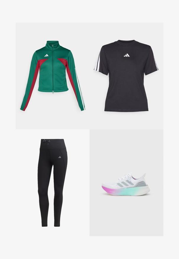 adidas Sportswear TIRO - Træningsjakke - dark green/collegiate burgundy/white; Sort atletisk T-shirt lavet af blødt stof, med rund halsudskæring, korte ærmer og tre hvide striber på hver skulder. Hvidt logo på brystet.; Sorte leggings med høj talje, snøre-detalje og sidelommer. Fremstillet af glat materiale med reflekterende logo-accent.; Hvid Adidas løbesko med grå striber og en tyk sål, der går fra pink til grøn, med teksten "Lightboost" og "Ultraboost".